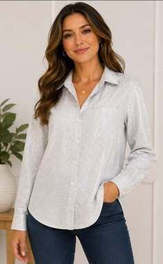 Fifteen Twenty Long Sleeve Button Up Shirt Small Silver Shimmer Flax Viscose T60